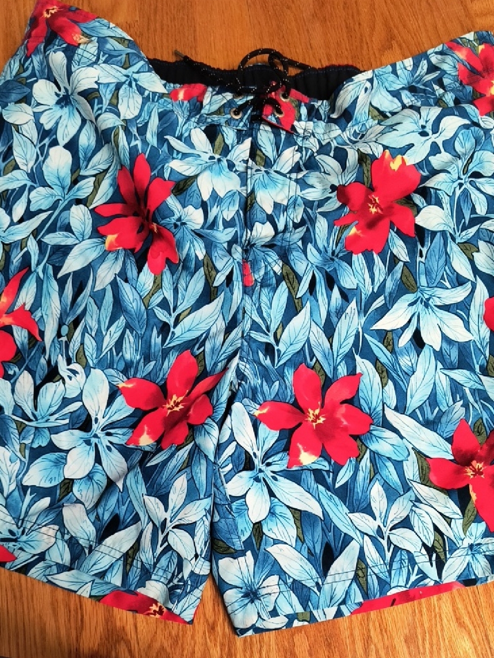 Nautica Blue Swim Trunks with Red Floral Accent, XXL